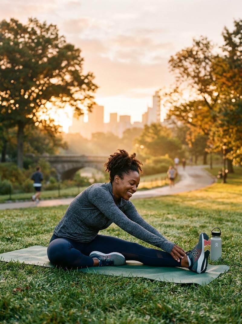 Woman stretching outdoors at sunrise with a city park in the background
