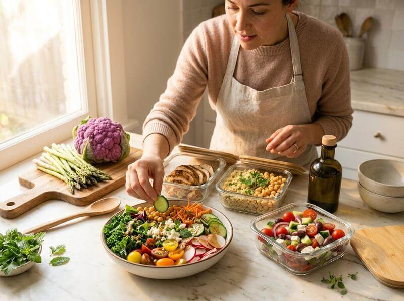 Person preparing a colorful vegetable bowl in a modern kitchen
