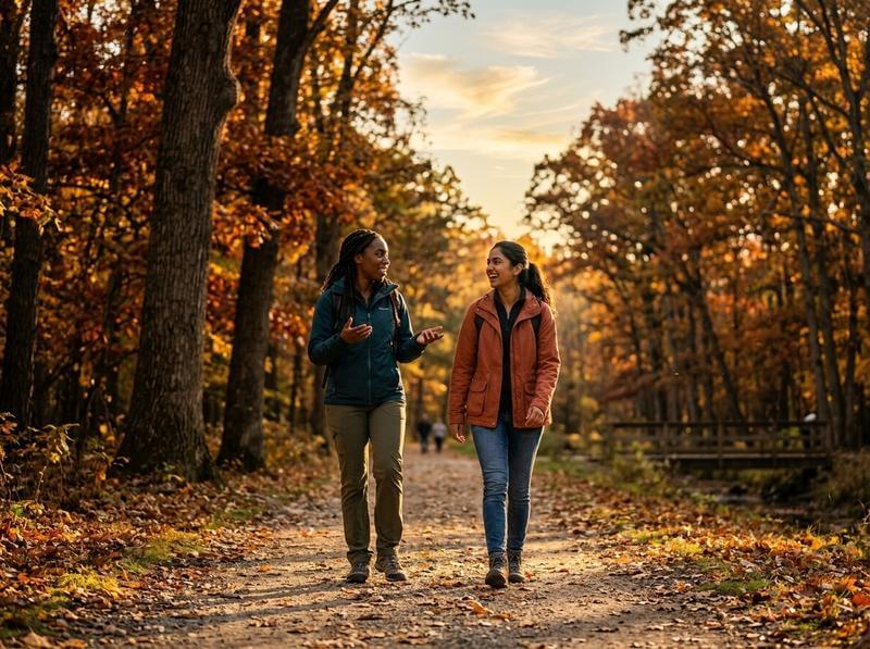 Two friends walking along a trail surrounded by trees