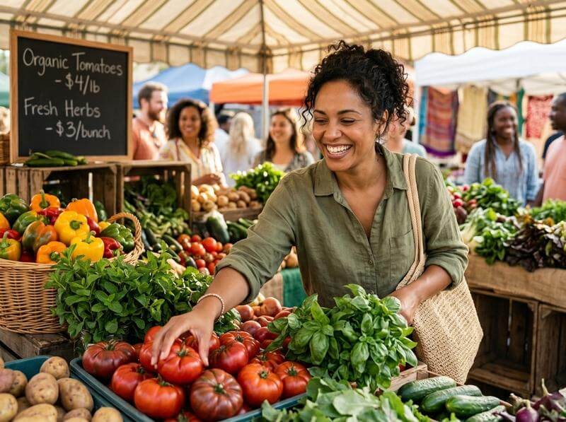 Woman smiling confidently while choosing fresh produce at a farmers market