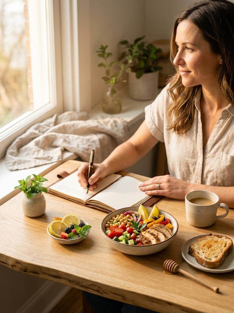 Person journaling at a sunlit table beside a healthy breakfast