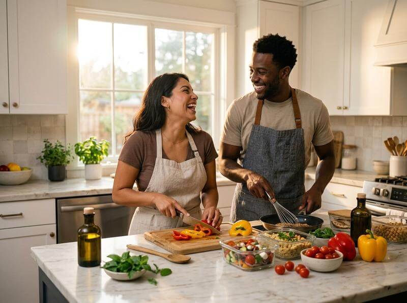 Couple cooking dinner together in a bright kitchen, laughing