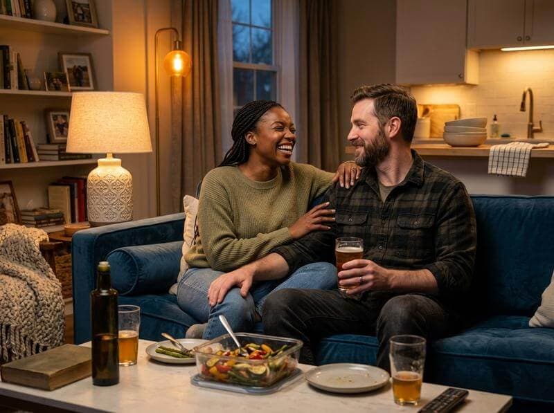 Couple enjoying a relaxed evening together at home