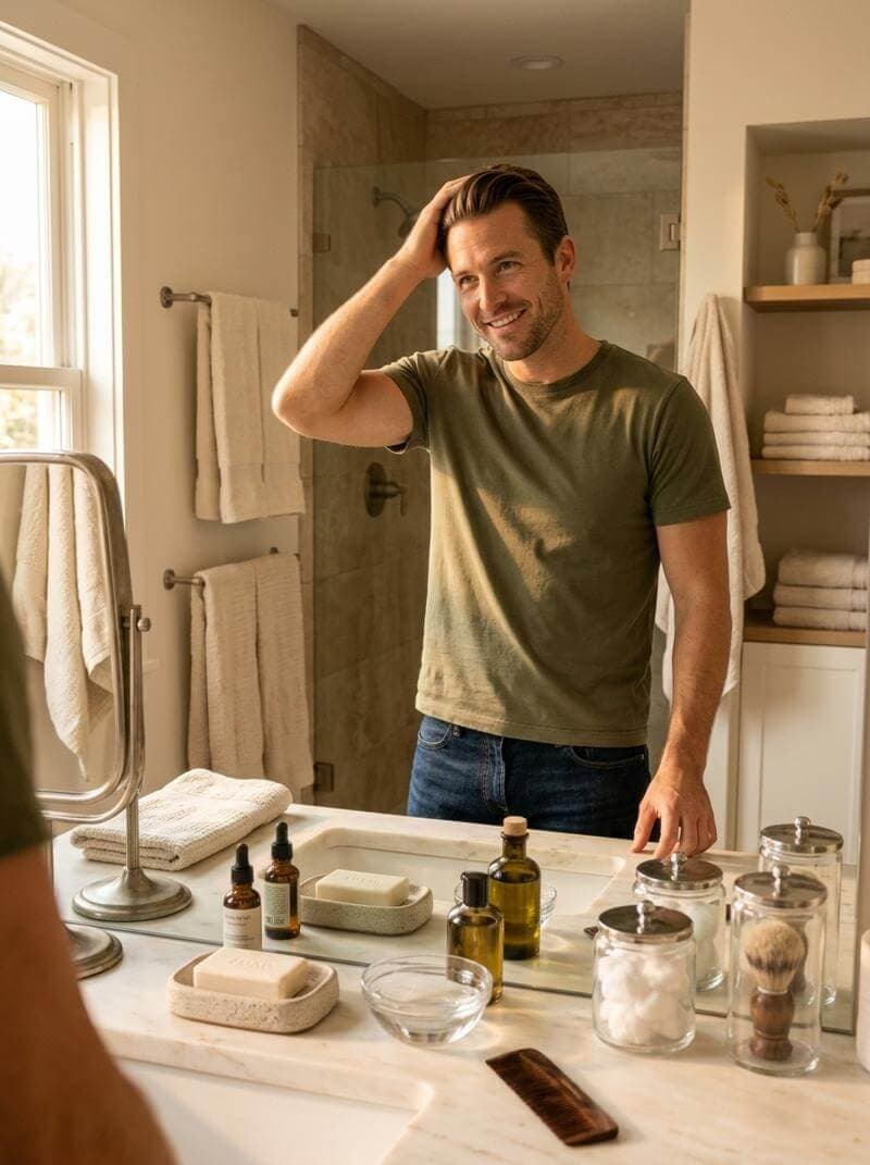 Man getting ready for a night out, looking in the mirror with confidence