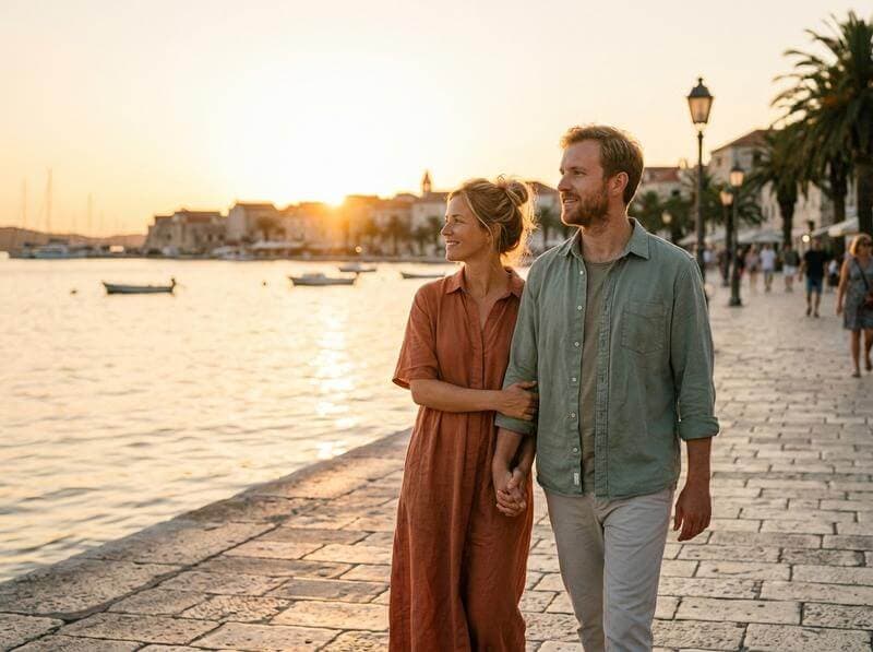 Couple walking hand in hand along a waterfront at sunset