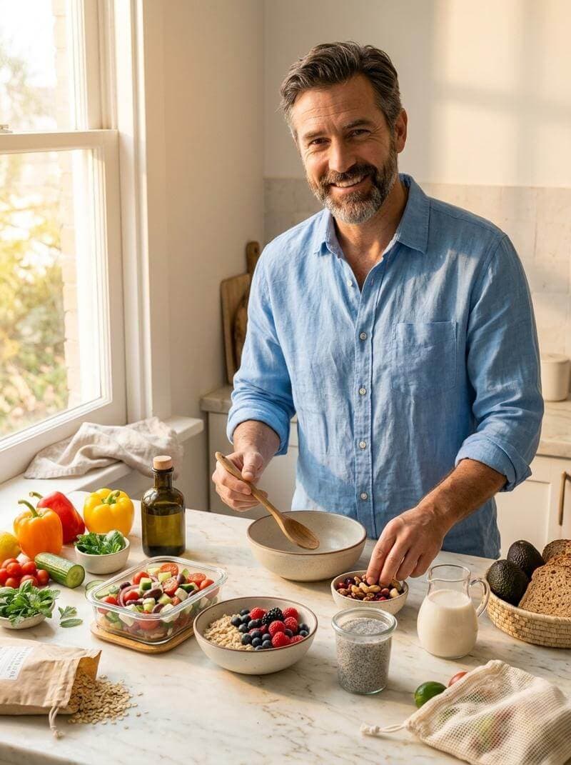 Man smiling while preparing breakfast in a modern kitchen