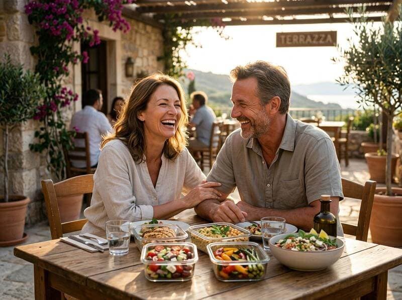 Couple laughing together at an outdoor restaurant