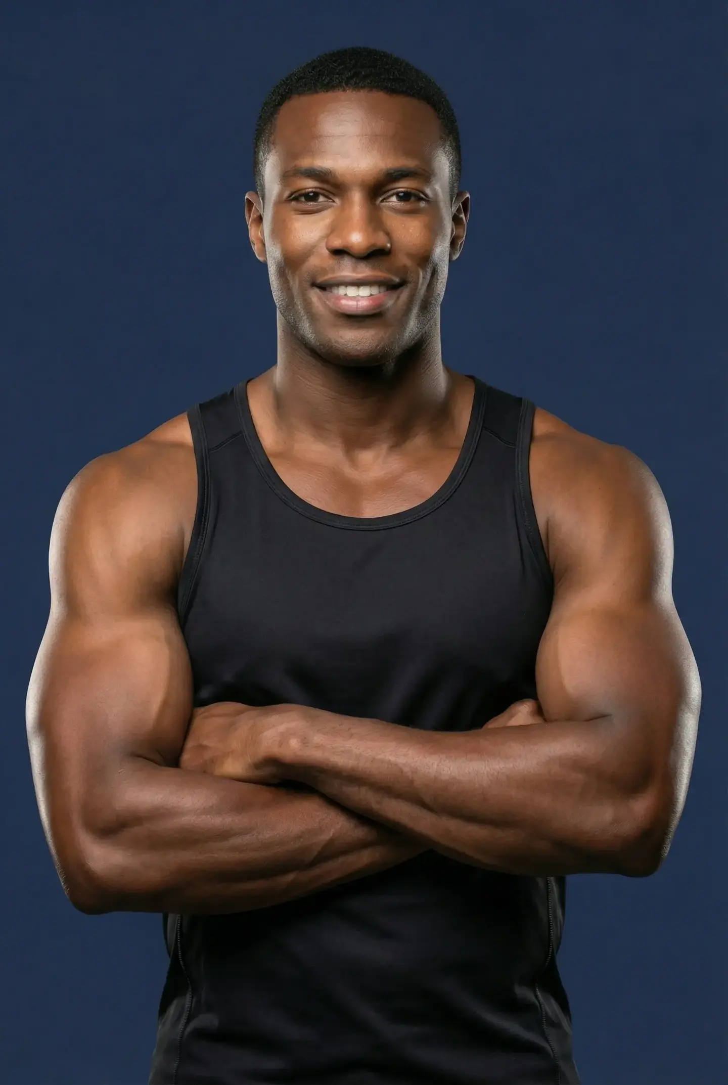 Athletic man in black tank top on navy background