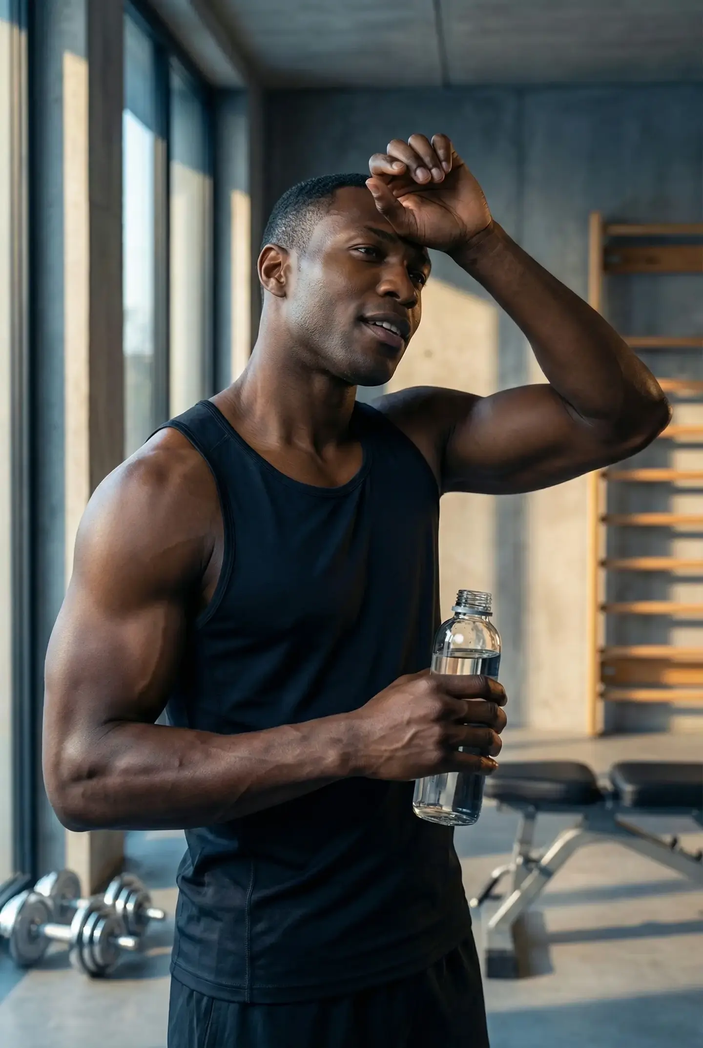Fit man recovering after a workout in a modern gym