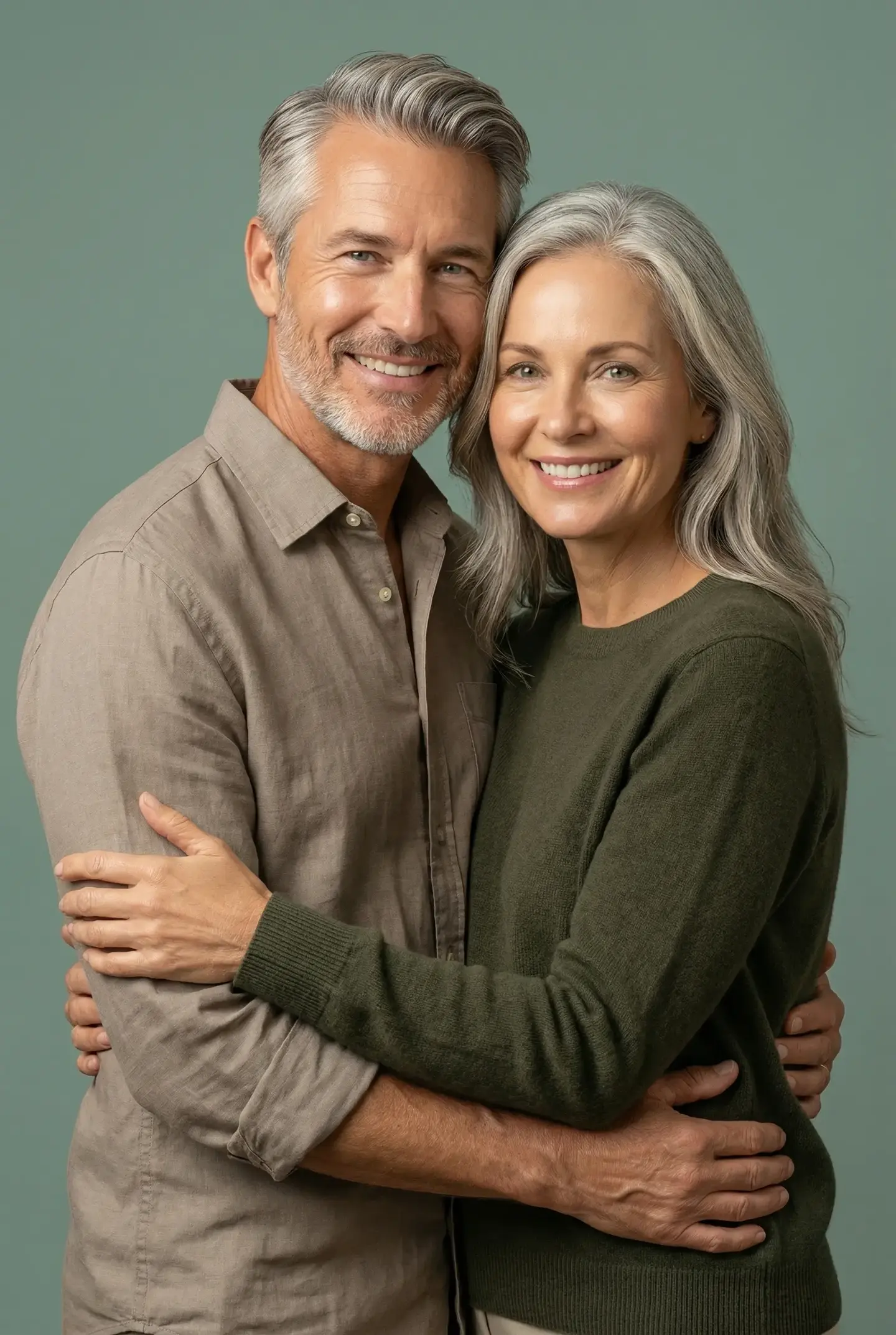 Elegant couple in their 60s on sage-blue background