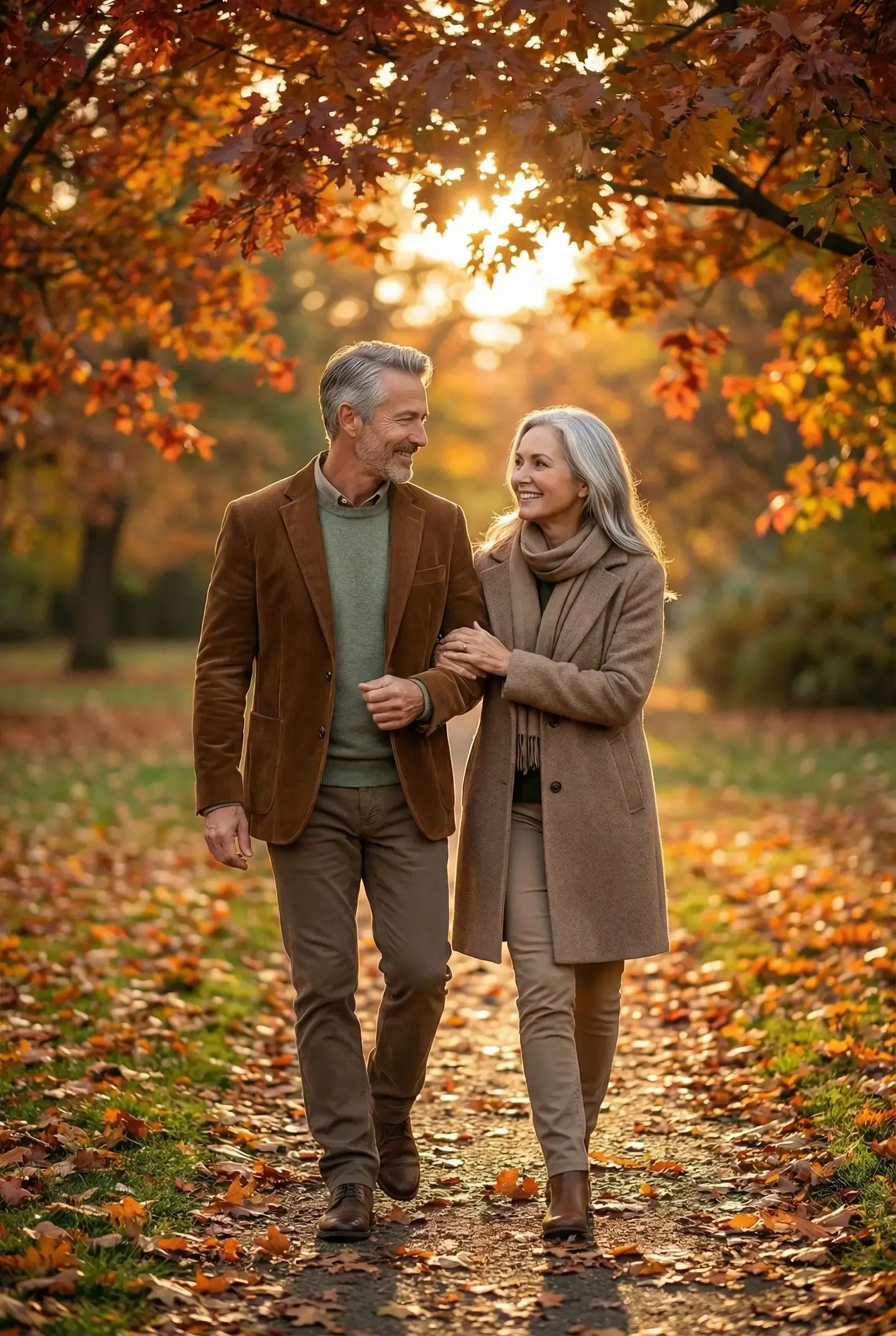 Active couple walking together in a park at golden hour