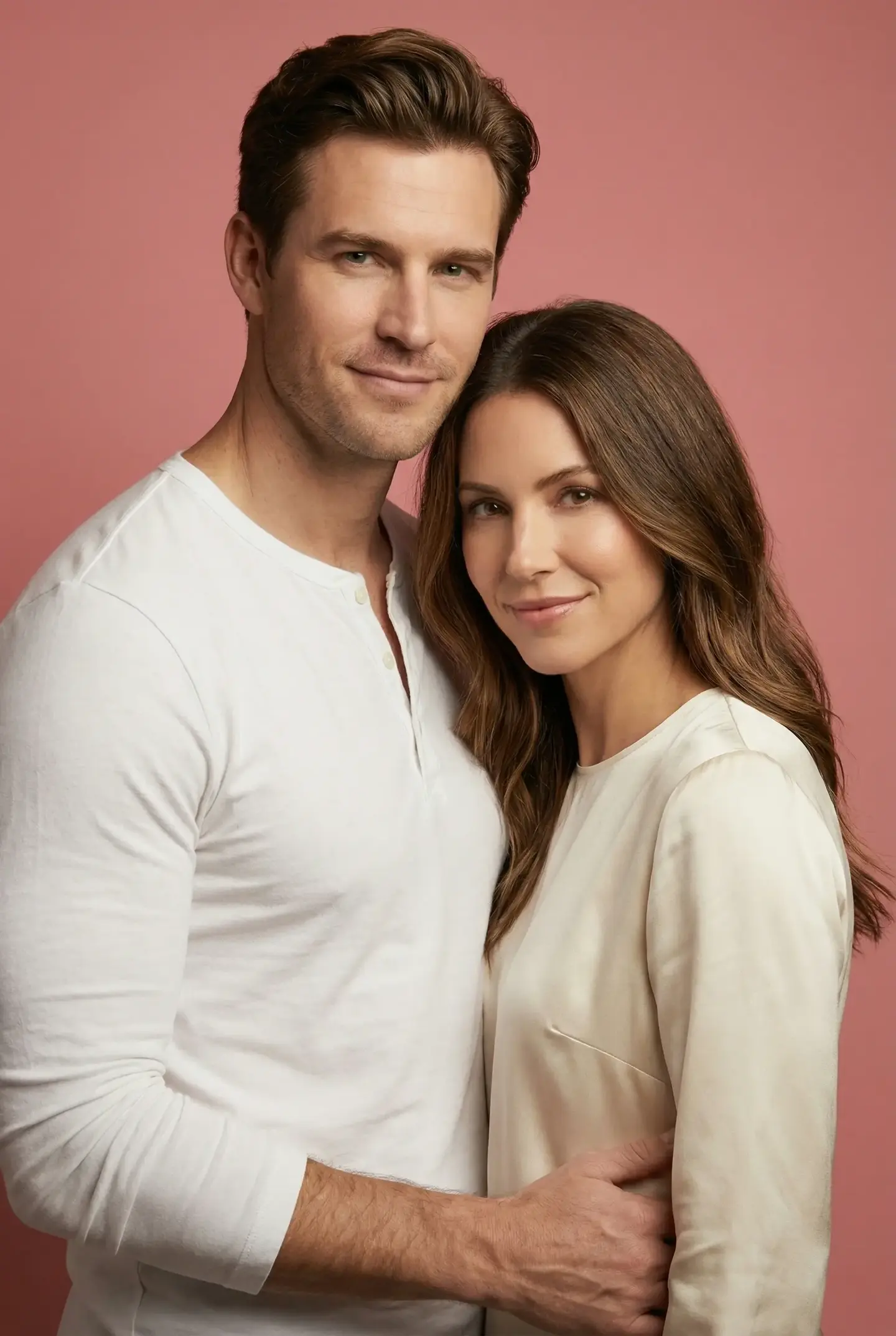 Confident couple on rose-pink background