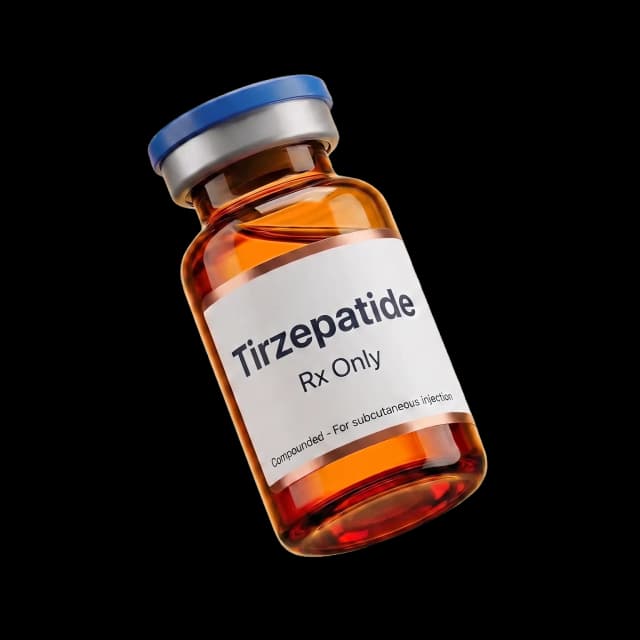 Compounded tirzepatide in an amber injection vial with a pharmacy label
