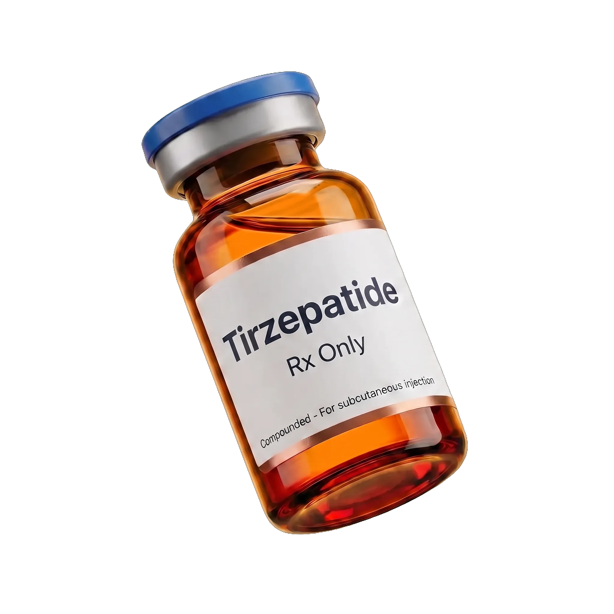 Compounded tirzepatide in an amber injection vial with a pharmacy label