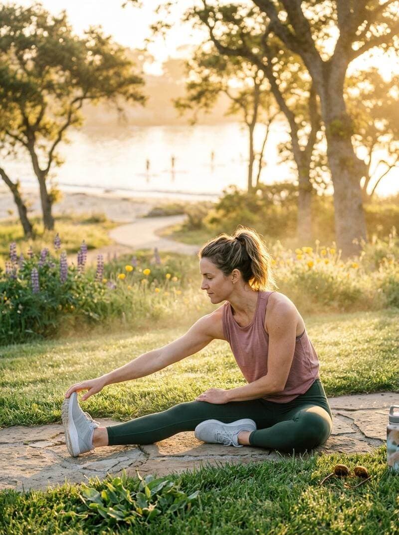 Person stretching outdoors during a morning workout routine