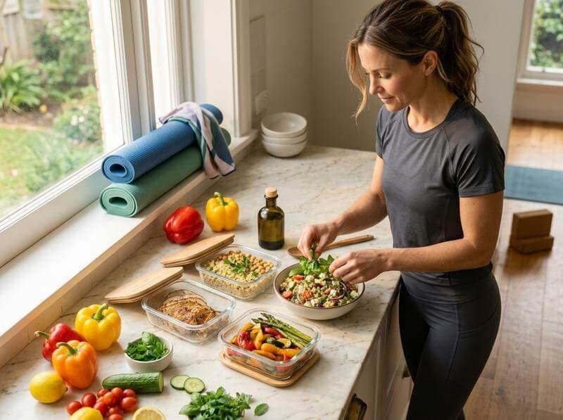 Active adult preparing a post-workout meal with lean protein and vegetables
