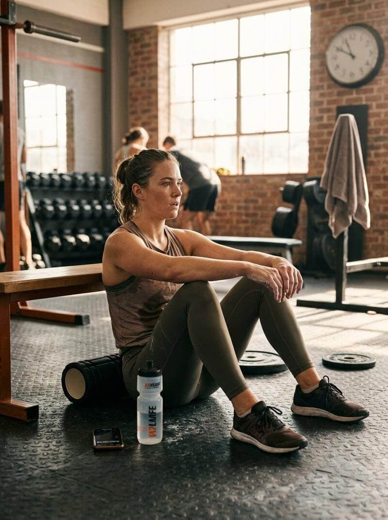 Person resting between sets with focus and determination