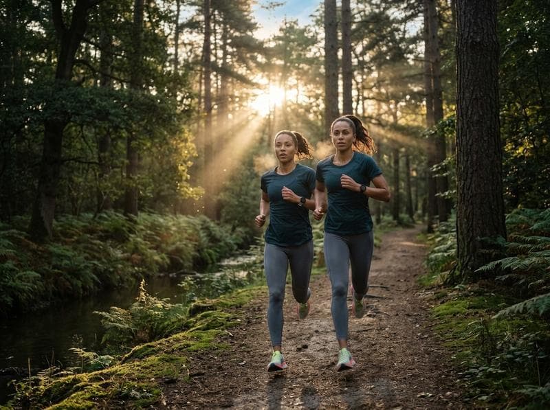 Athletic person jogging on a trail at sunrise