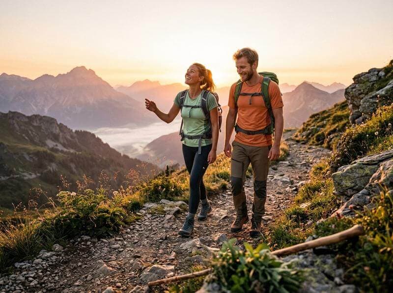 Active couple hiking a scenic trail at sunrise with mountain backdrop