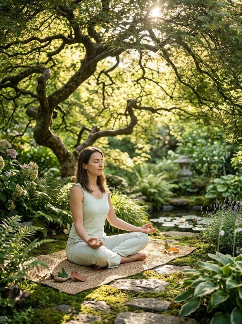 Person meditating in a serene garden setting during morning light