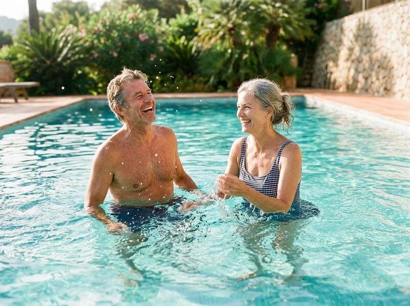 Man and woman in their 50s swimming in a clear natural pool