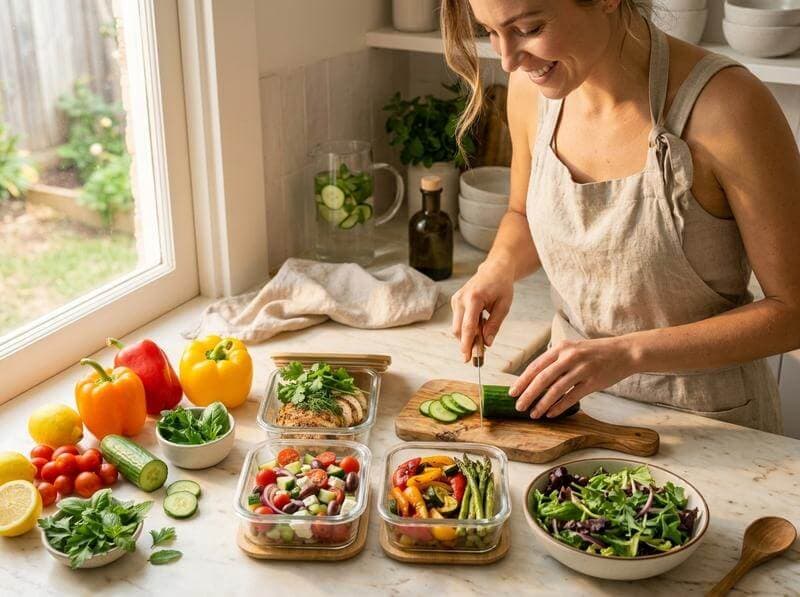 Person preparing a nutrient-rich meal with fresh vegetables and supplements