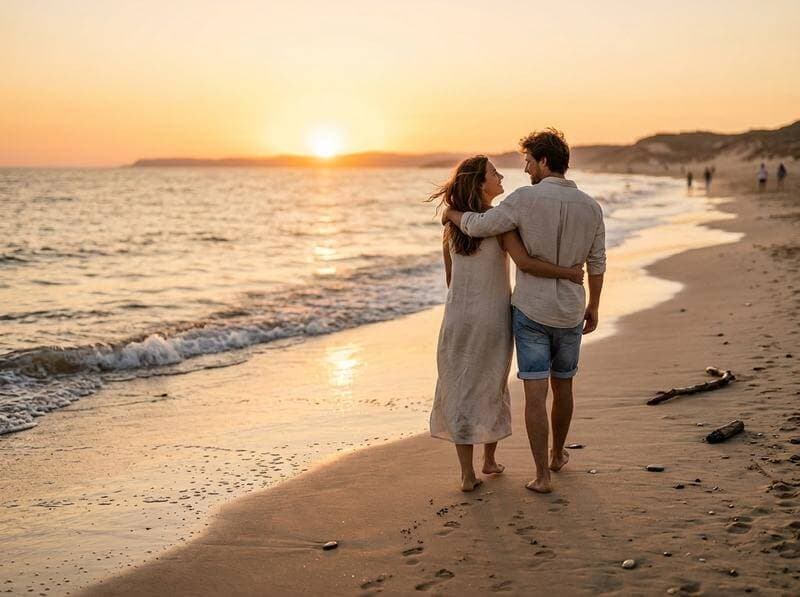 Couple enjoying a sunset walk on the beach with relaxed posture and energy