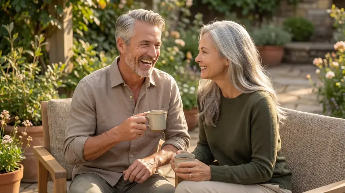 Healthy vibrant couple in their 60s hiking together on a scenic mountain trail at sunrise