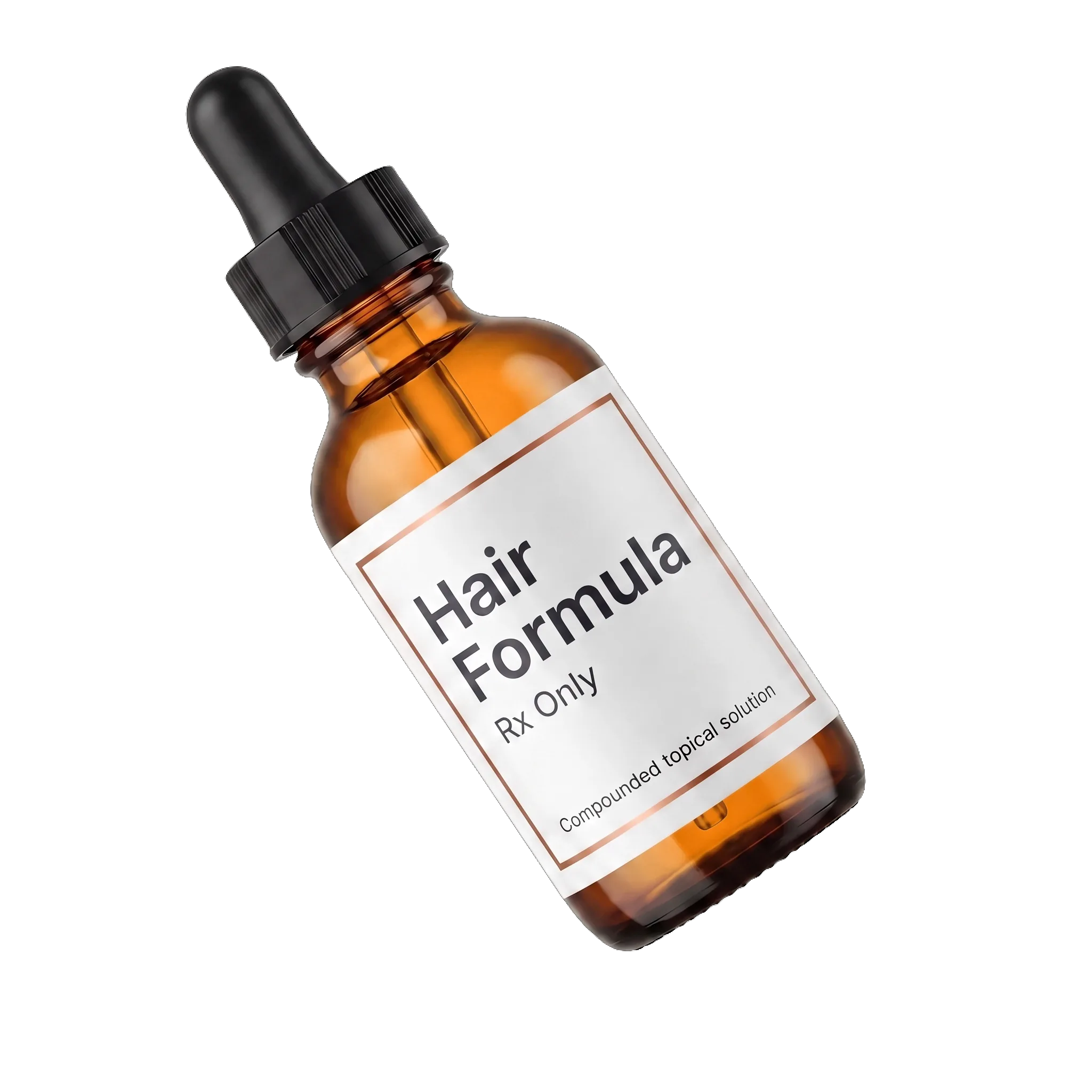 Compounded hair restoration topical solution in a pharmacy-labeled dropper bottle