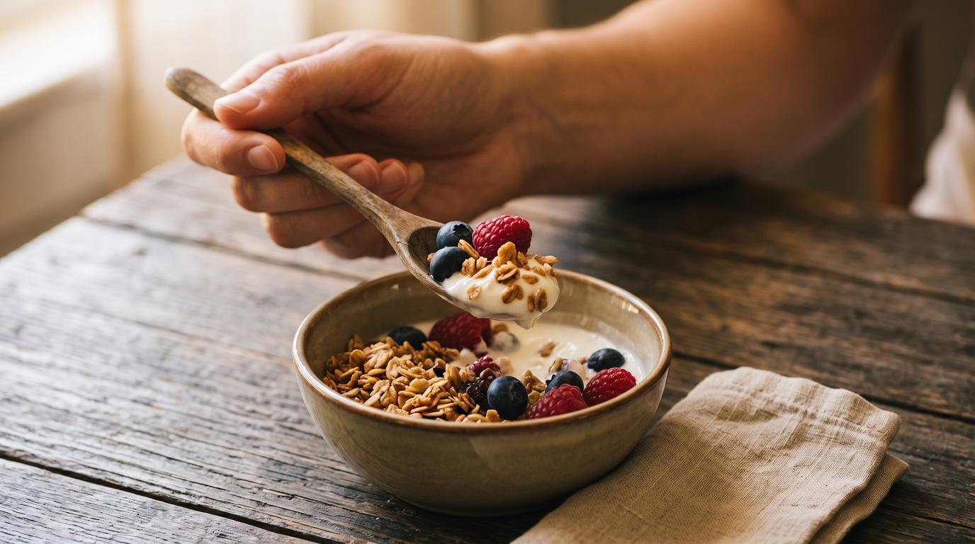 Close-up of a hand holding a spoonful of yogurt with granola and berries on a wooden table in warm natural light