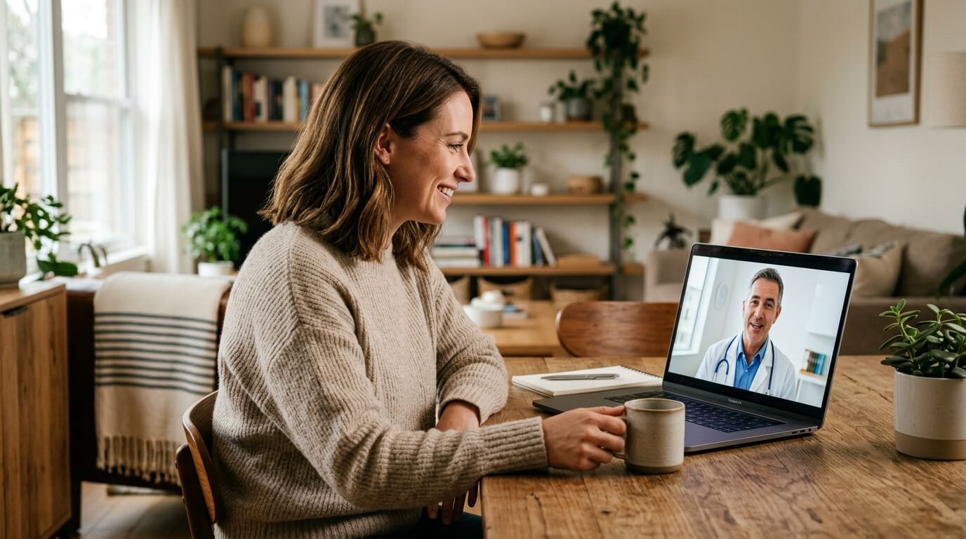 Person speaking with a telehealth provider on a laptop at home, warm natural light