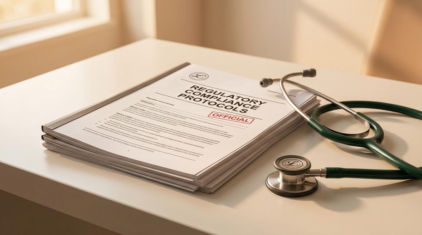 Official regulatory documents and a stethoscope on a warm, well-lit desk in a healthcare administrative setting