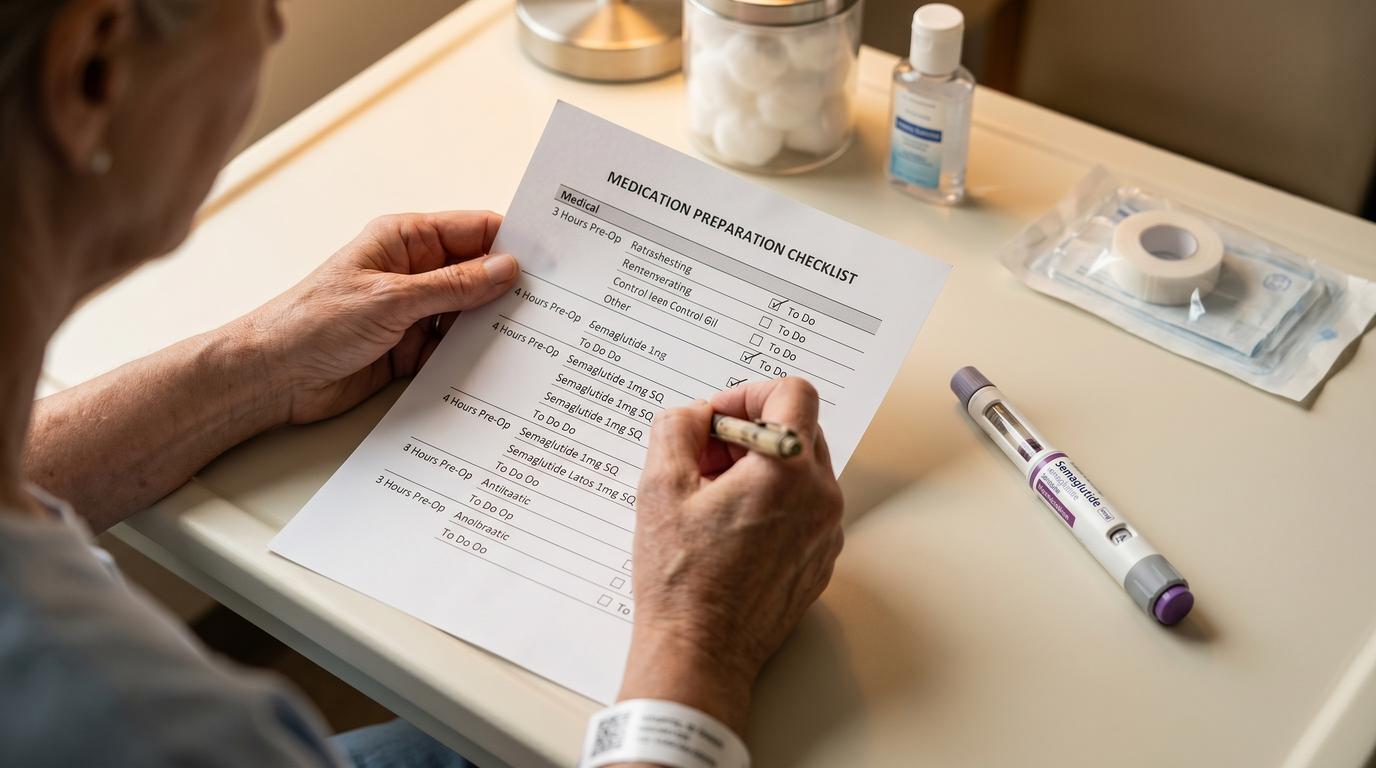 Patient reviewing a medication checklist with a pen and GLP-1 injection pen on a clinical desk