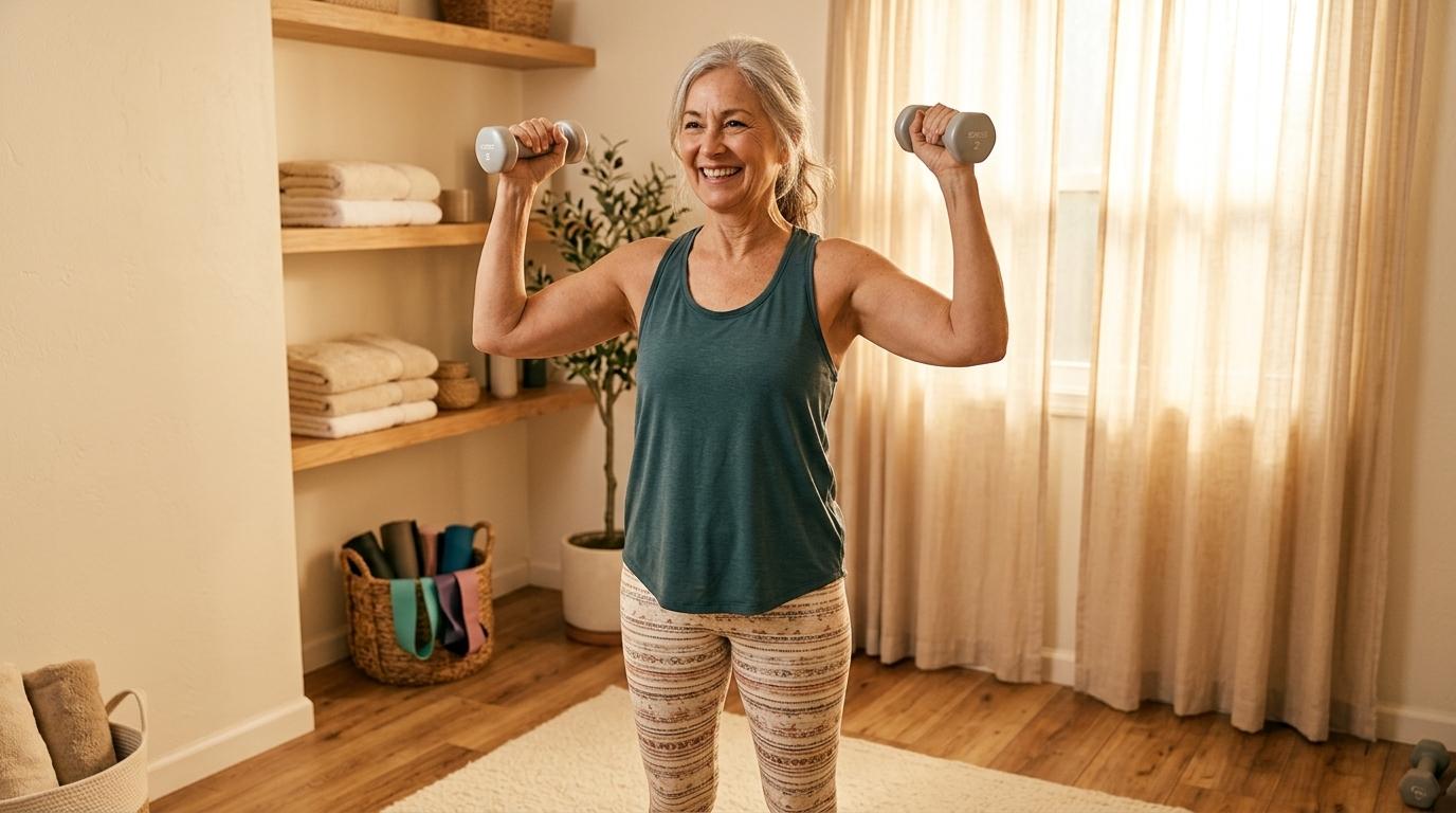 Older adult doing resistance training with light dumbbells in a warmly lit setting, representing muscle preservation during GLP-1 treatment