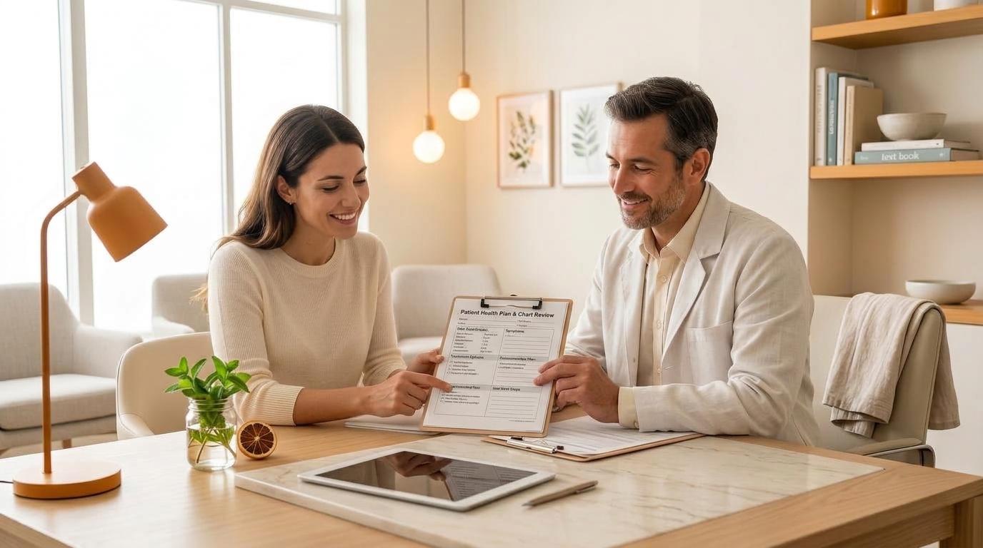 Doctor and patient reviewing treatment options in a warm clinical setting