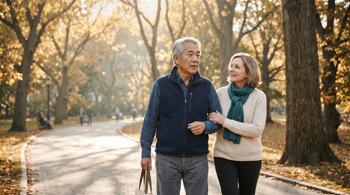 An older adult couple walking in a park on a bright morning, representing active aging and brain health