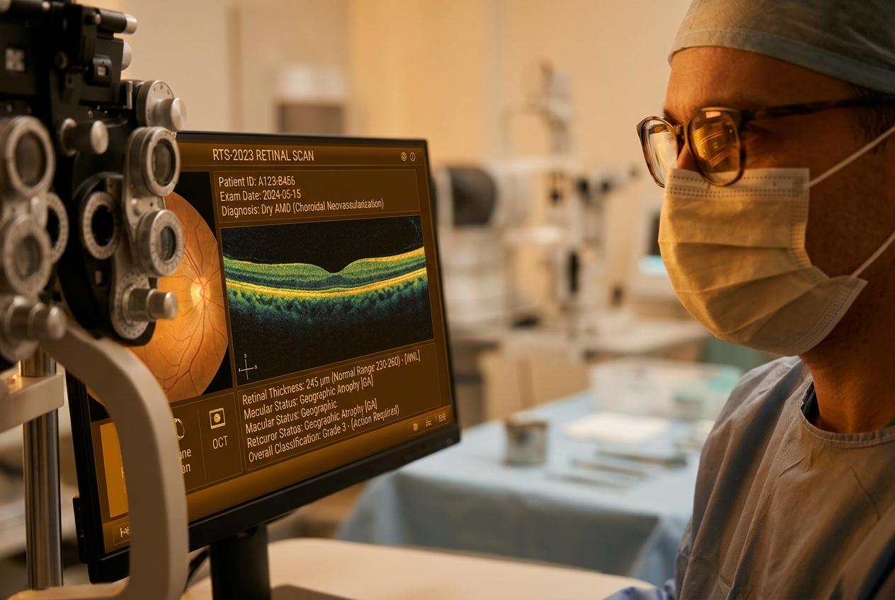 Retinal scan display in a warm clinical setting, representing diabetic eye health monitoring