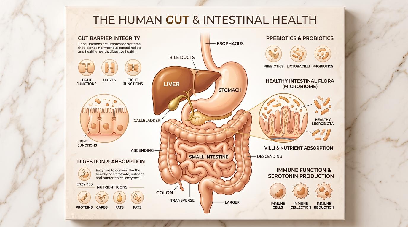 Illustration of the gut-brain connection showing GLP-1 hormone pathways and intestinal health, warm amber tones