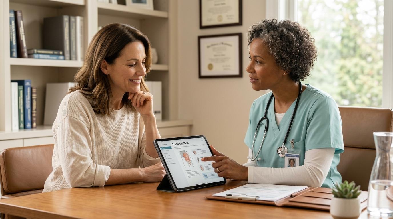 Woman reviewing health information with a healthcare provider on a tablet, warm office setting