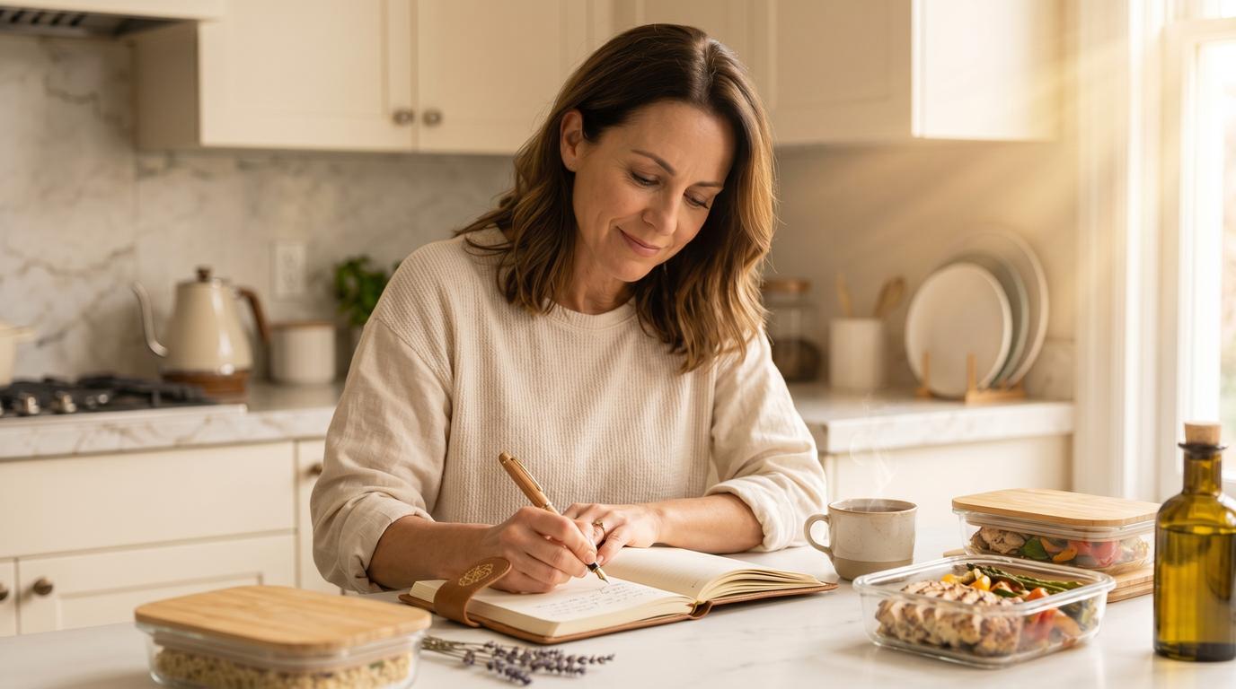 Woman reviewing her medication schedule with healthcare provider in a warm clinic setting