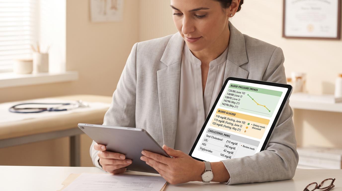 Doctor reviewing a patient's metabolic health panel including blood pressure, glucose, and cholesterol markers in a clinical telehealth setting