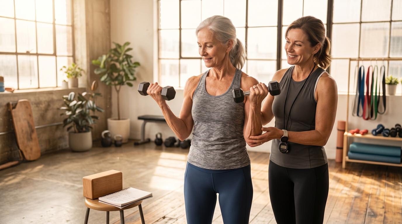 Active older adult doing resistance training with a trainer in a warm, sunlit gym, representing muscle preservation strategies during GLP-1 treatment