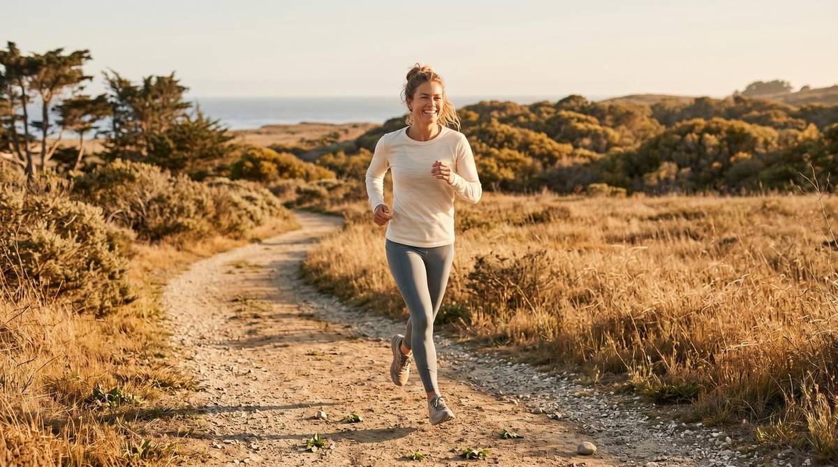 Person smiling and enjoying a walk outdoors, feeling energized and positive during a weight loss journey