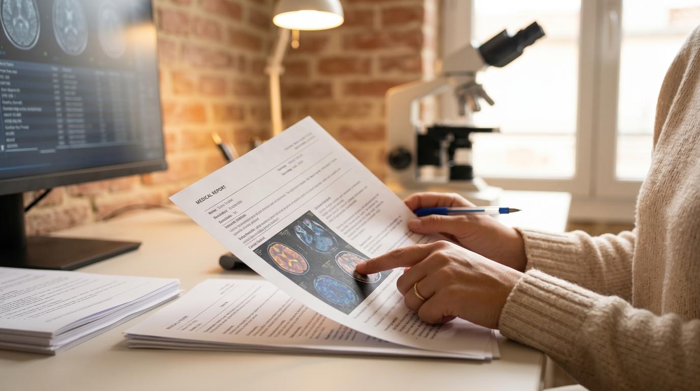 Doctor reviewing brain scan results with a patient in a warmly lit consultation room