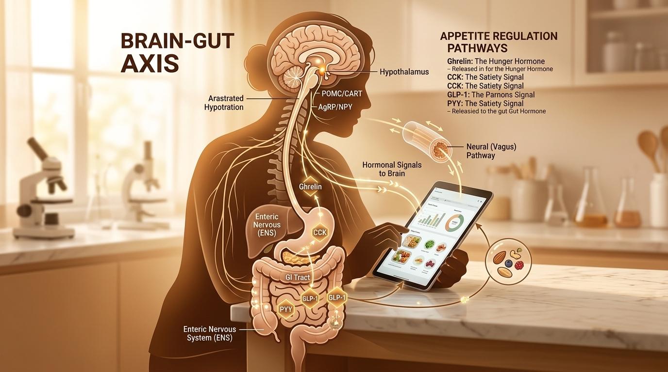 Brain appetite signaling and gut hormone science illustration