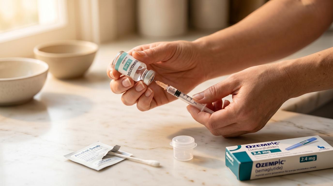 Person carefully inspecting a medication vial against light before injecting, warm home setting, safe handling technique