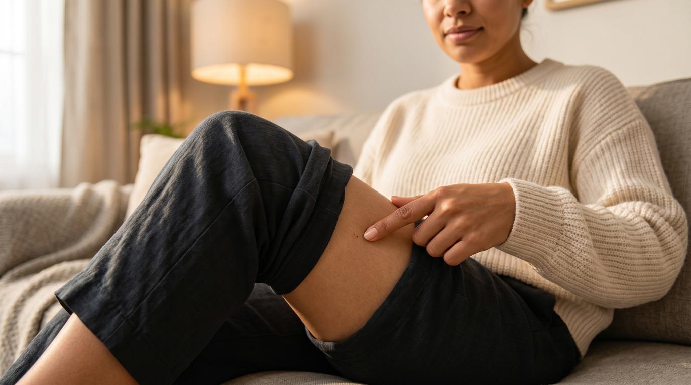 Person pointing to the outer thigh to demonstrate a subcutaneous injection site, calm home setting, natural light