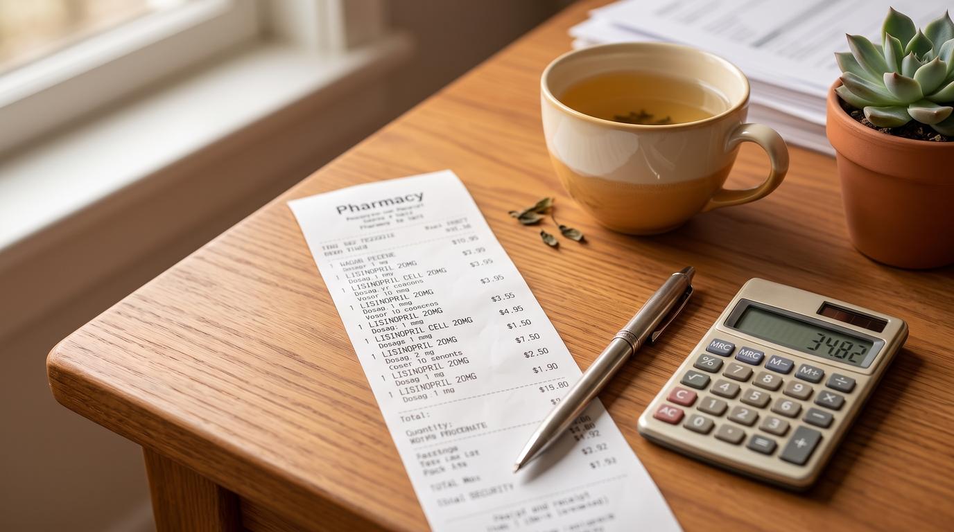 Itemized pharmacy receipt, pen, and calculator on a wooden desk, representing an HSA/FSA reimbursement claim