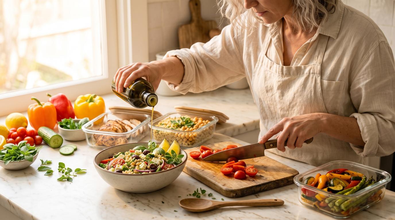 Person preparing a colorful Mediterranean meal with fresh vegetables, olive oil, and grilled fish, illustrating practical Mediterranean diet principles during GLP-1 treatment
