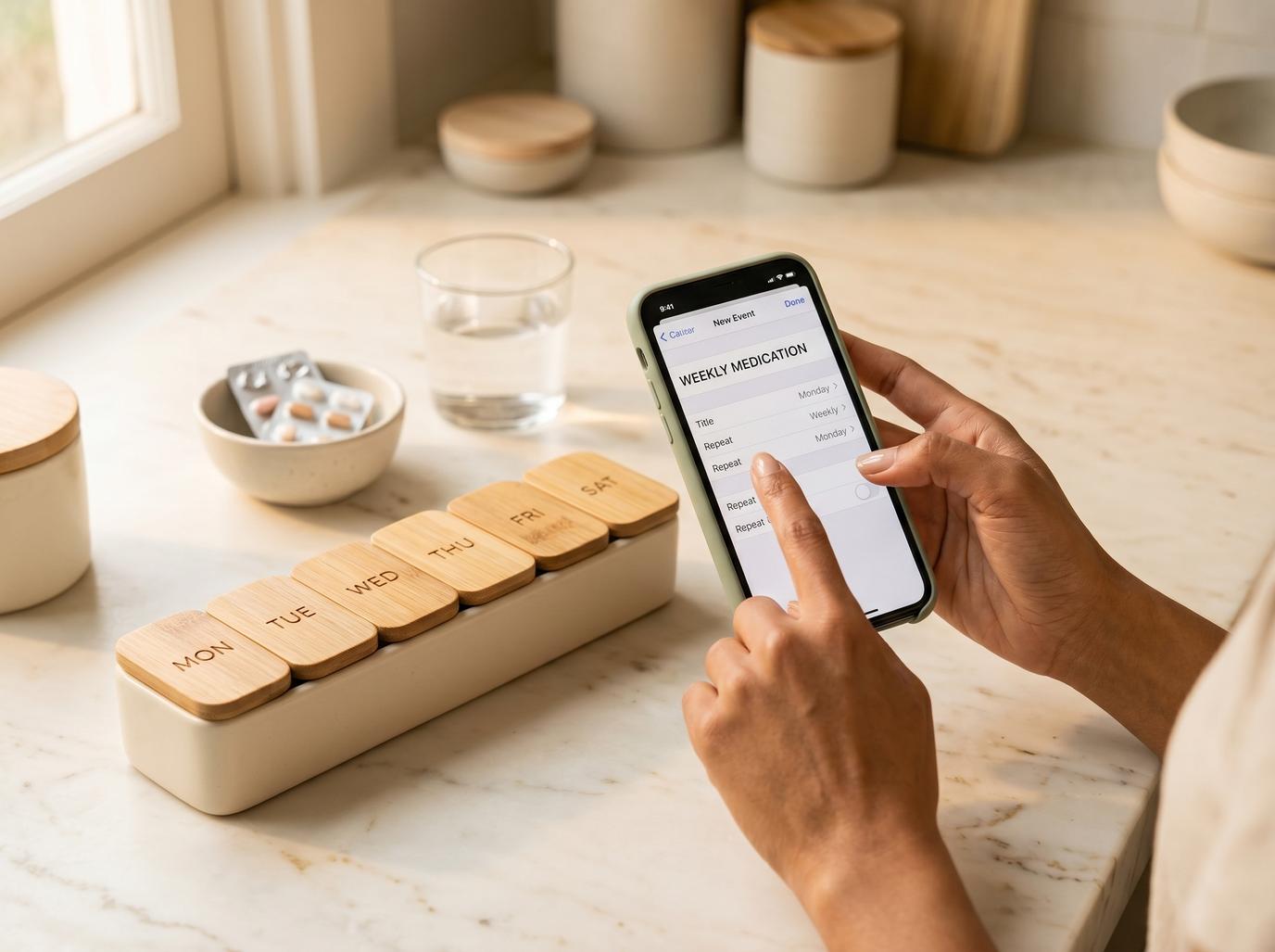Person reviewing their medication routine with a weekly schedule, warm and calm lifestyle setting